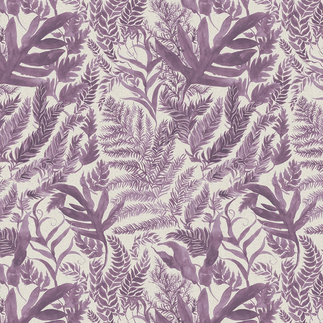 Lilac botanical fabric with plum fern and leaf motif on a pale ground