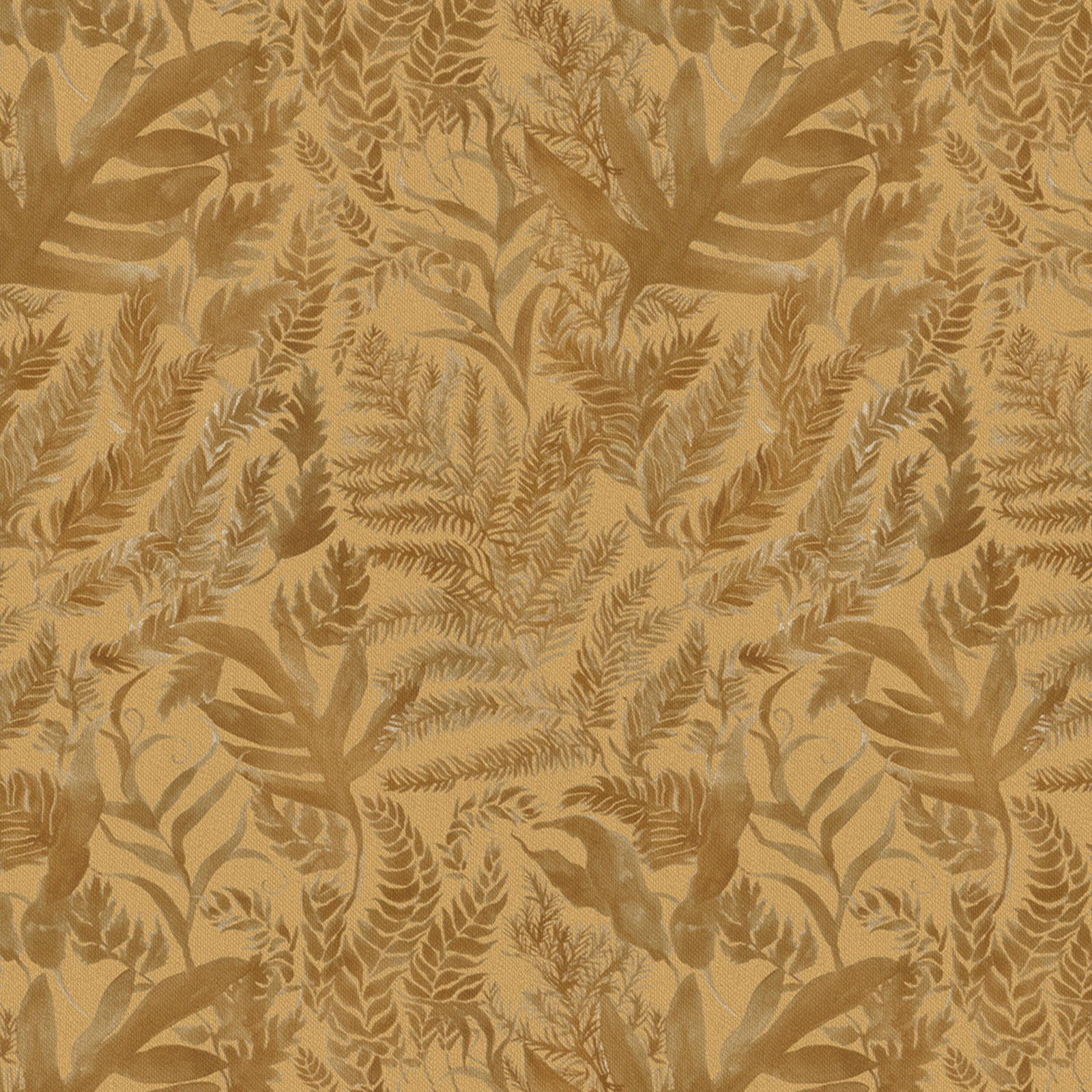 Mustard-gold botanical fabric with layered fern and leaf motifs