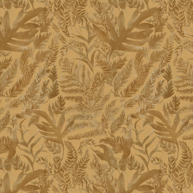 Mustard-gold botanical fabric with layered fern and leaf motifs