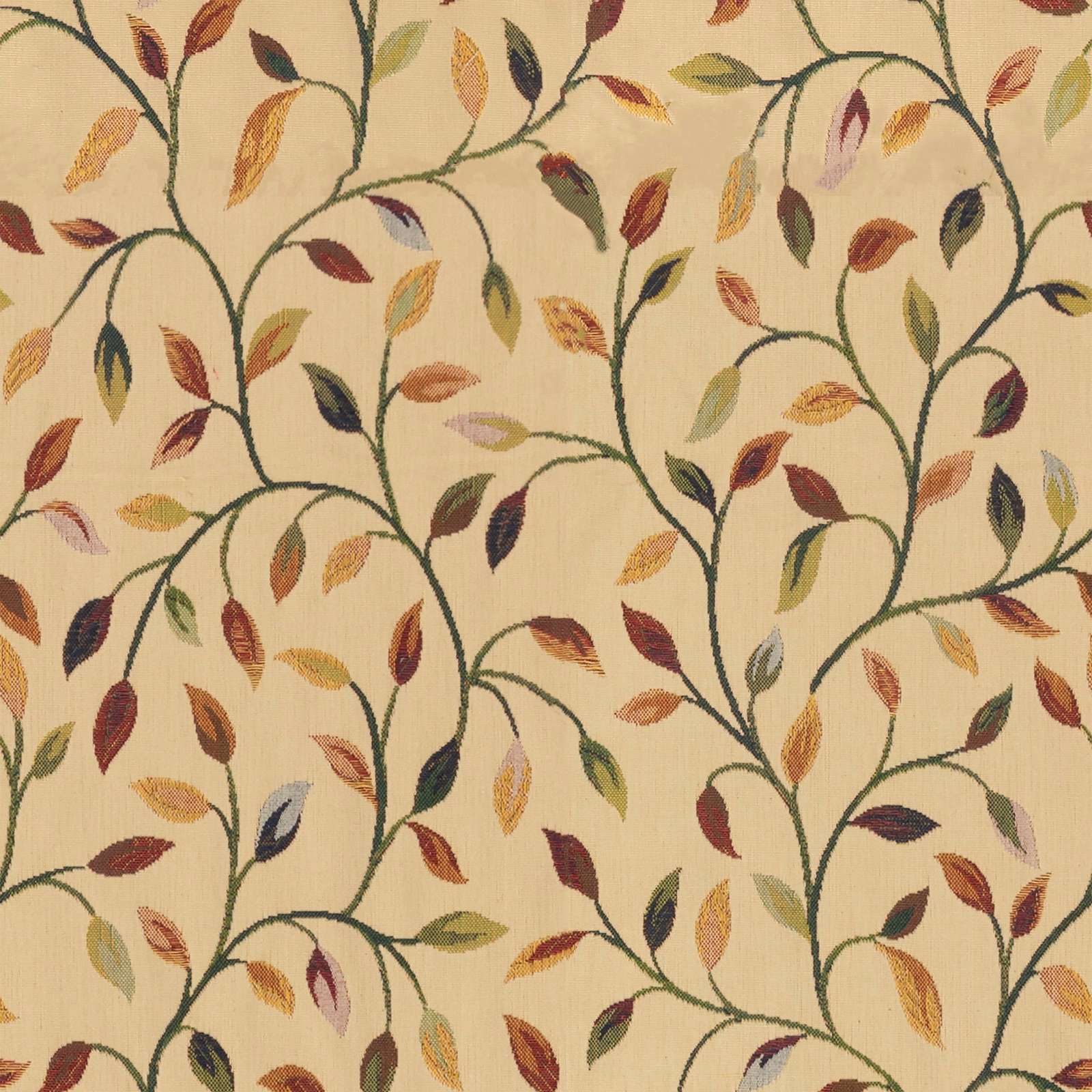 Cream botanical fabric with green stems and multicoloured leaf motif