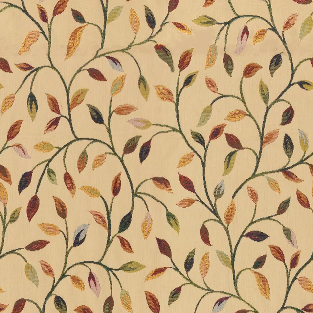 Cream botanical fabric with green stems and multicoloured leaf motif