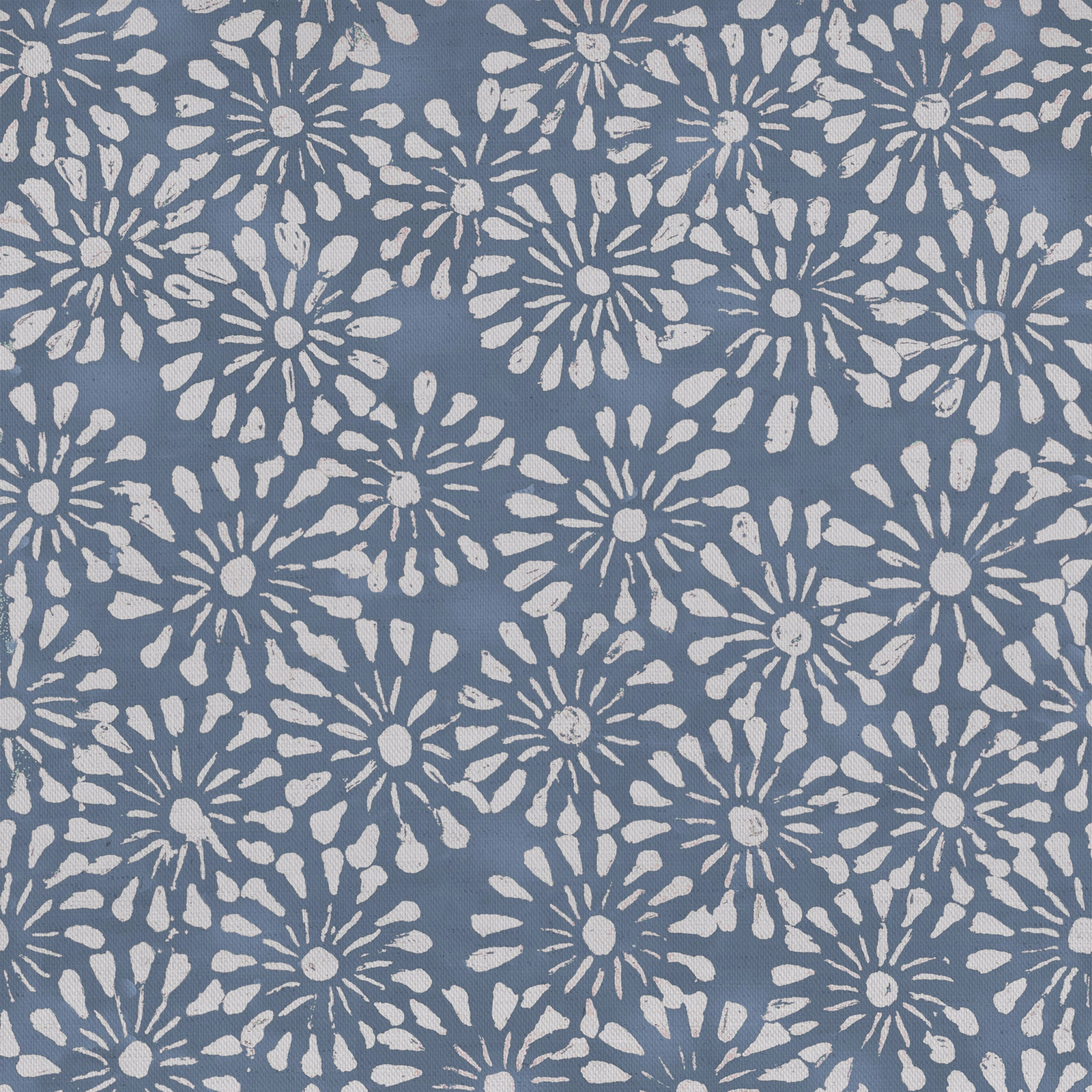 Slate blue floral fabric with cream daisy motifs and a softly textured weave