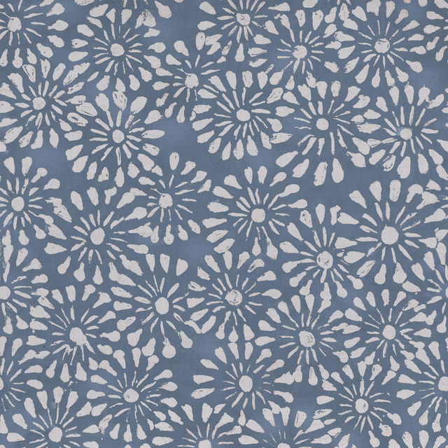 Slate blue floral fabric with cream daisy motifs and a softly textured weave