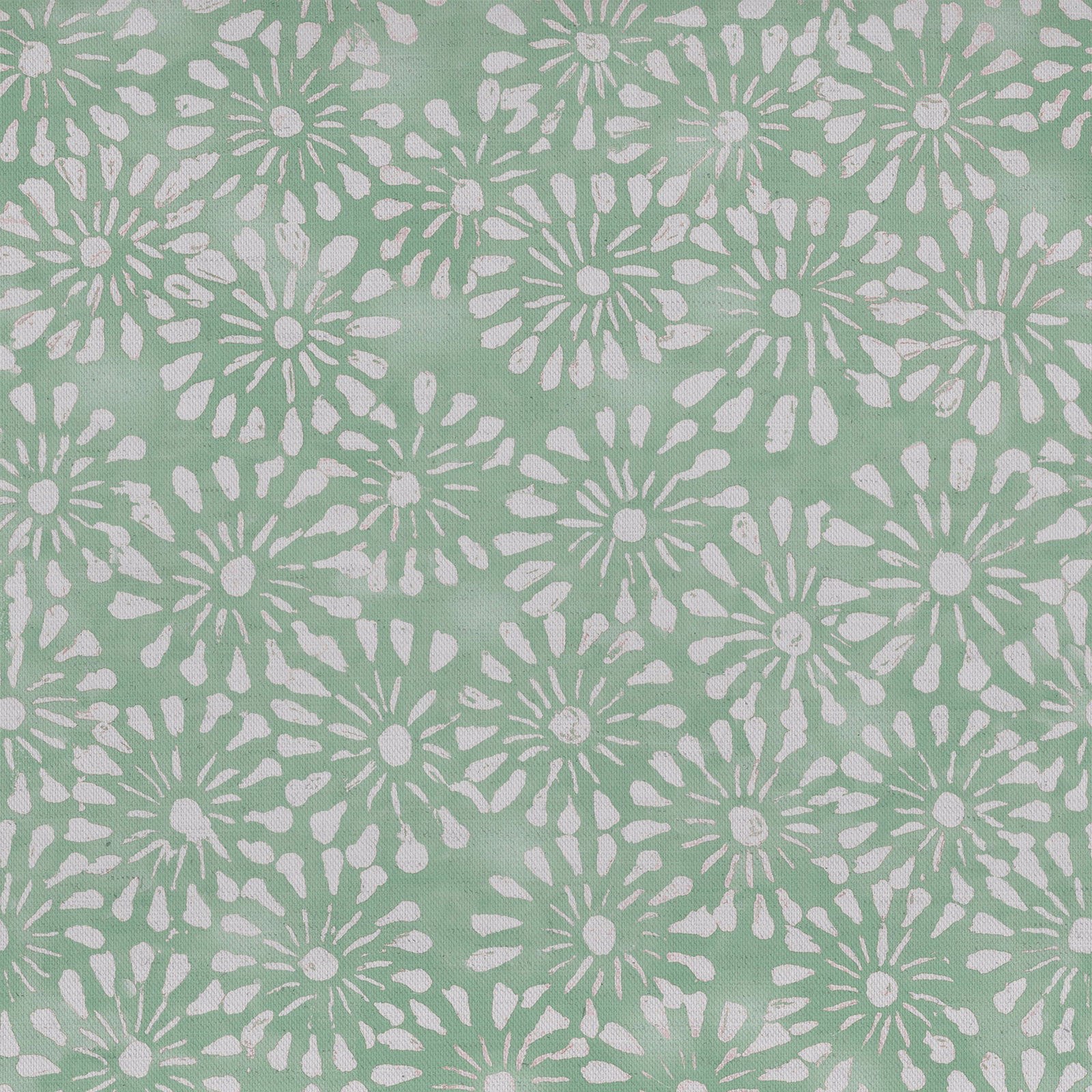 Mint green floral fabric with white daisy-like motifs and a soft woven texture
