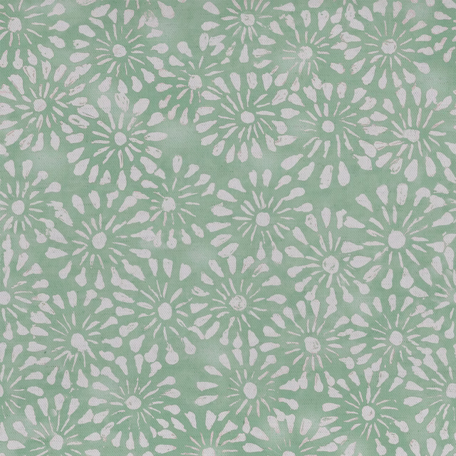 Mint green floral fabric with white daisy-like motifs and a soft woven texture