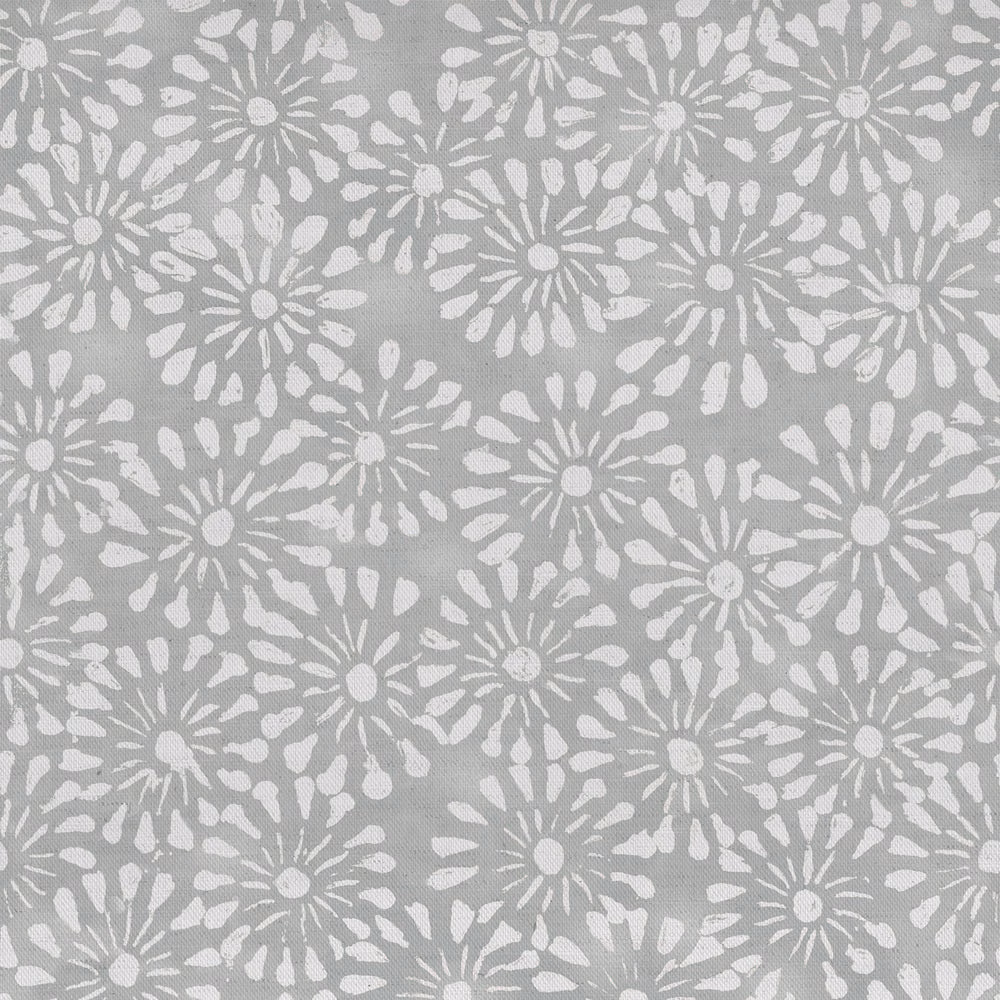 Pale grey floral fabric swatch with white daisy-like motifs and a fine woven texture
