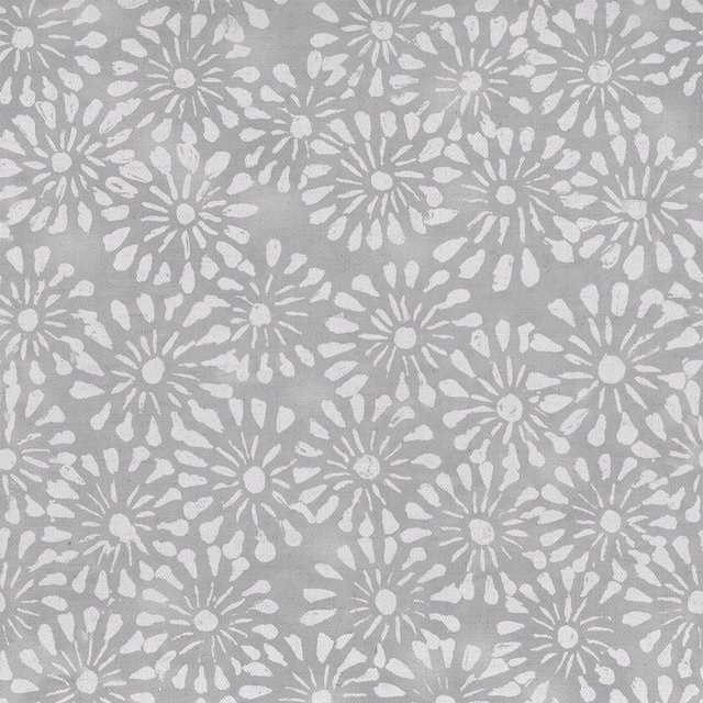 Pale grey floral fabric swatch with white daisy-like motifs and a fine woven texture