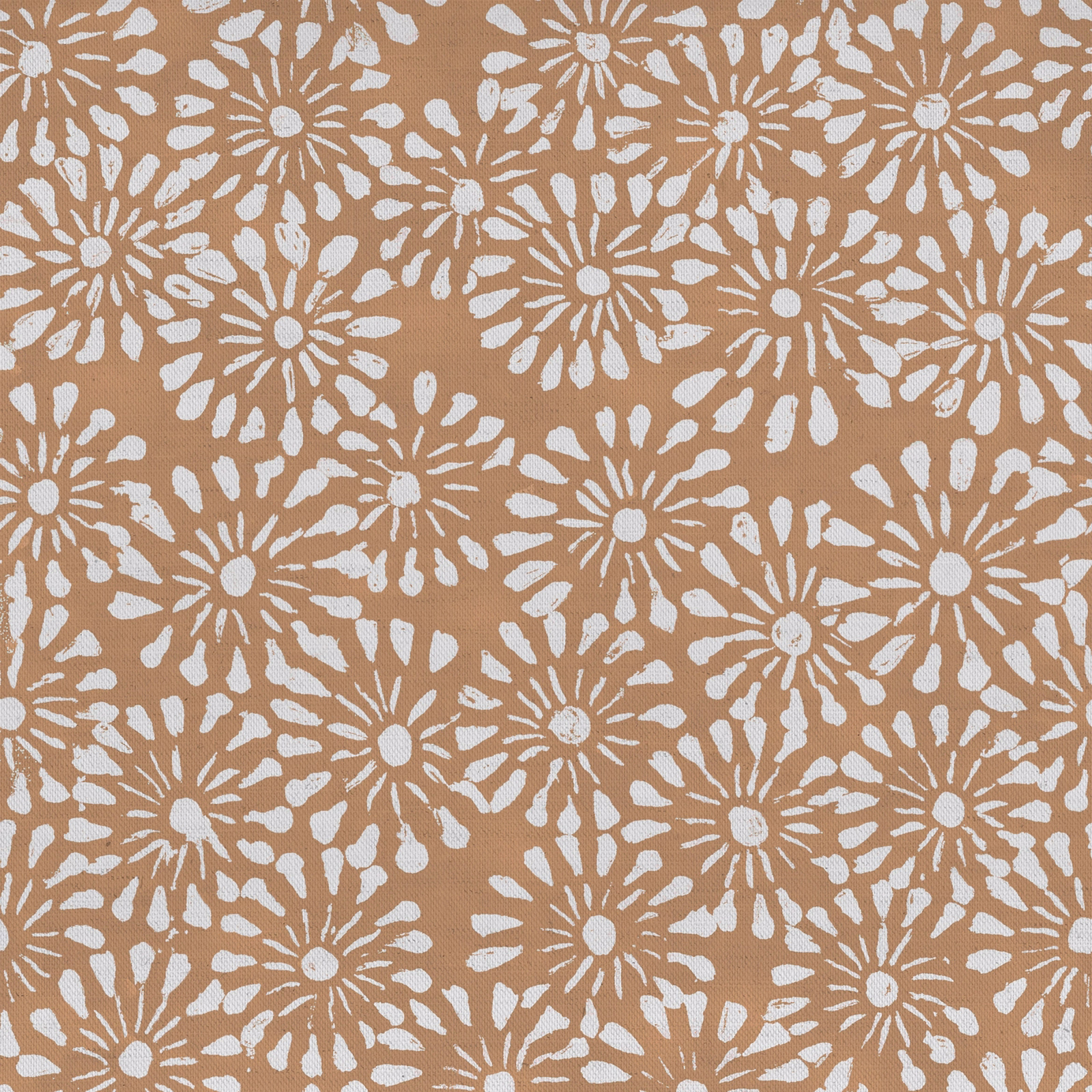 Apricot orange floral fabric with white daisy-like motif on a textured woven ground
