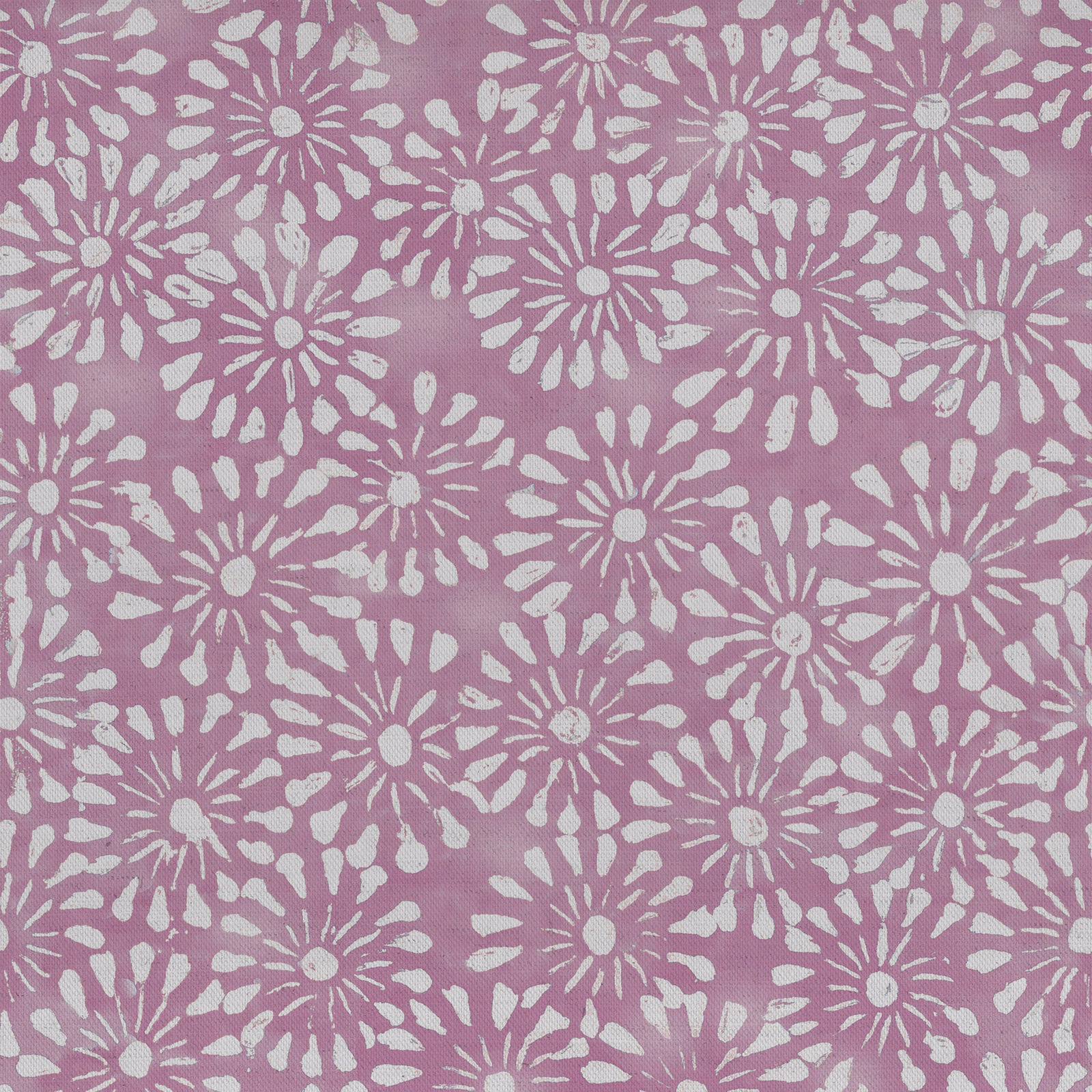 Pink floral print fabric with white daisy-like bursts on a textured woven ground