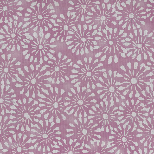 Pink floral print fabric with white daisy-like bursts on a textured woven ground