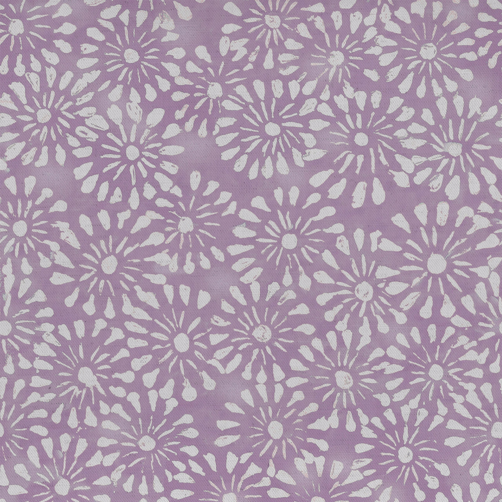 Lavender purple floral fabric with white daisy-like print on woven cloth