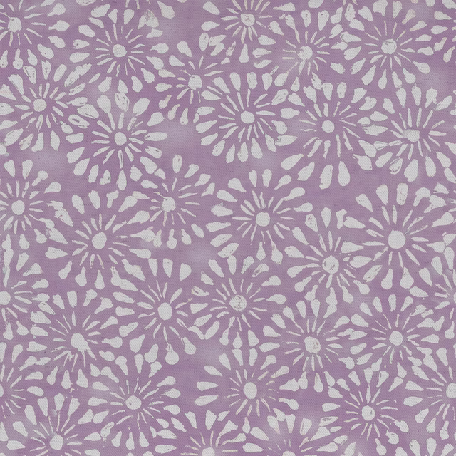 Lavender purple floral fabric with white daisy-like print on woven cloth