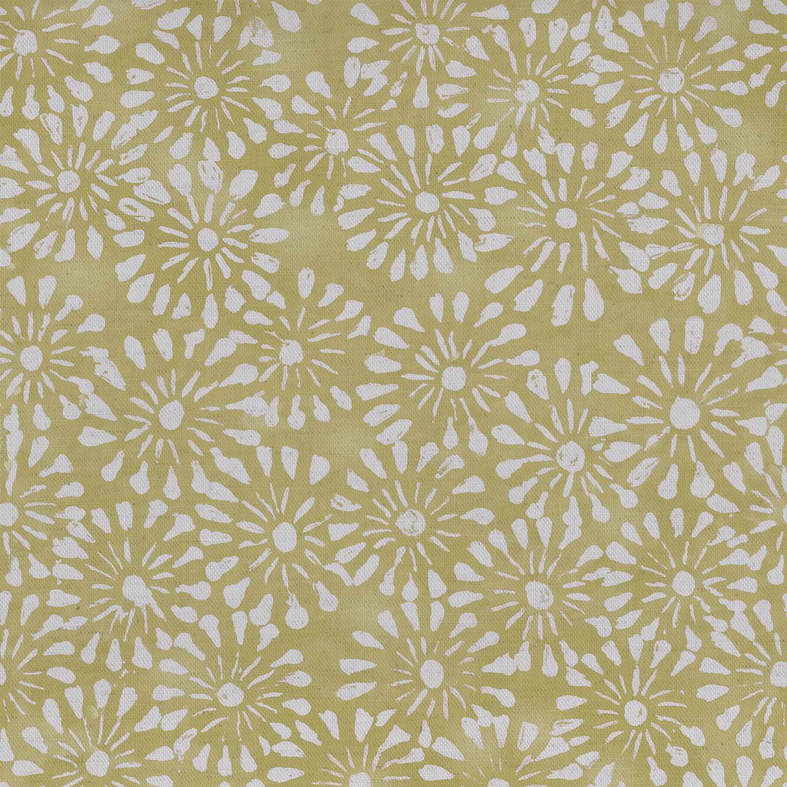 Yellow floral patterned fabric swatch with white daisy motifs on a textured ground
