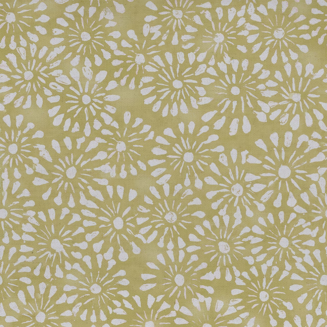 Yellow floral patterned fabric swatch with white daisy motifs on a textured ground