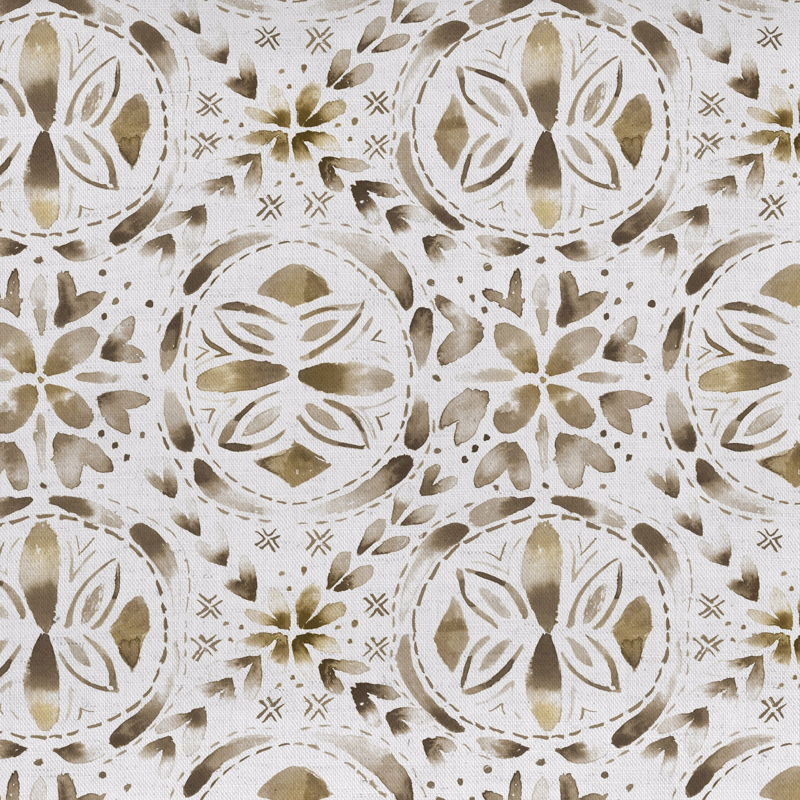 Close-up of beige floral patterned fabric with taupe and oatmeal motifs