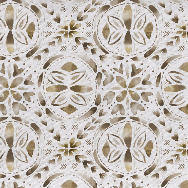 Close-up of beige floral patterned fabric with taupe and oatmeal motifs