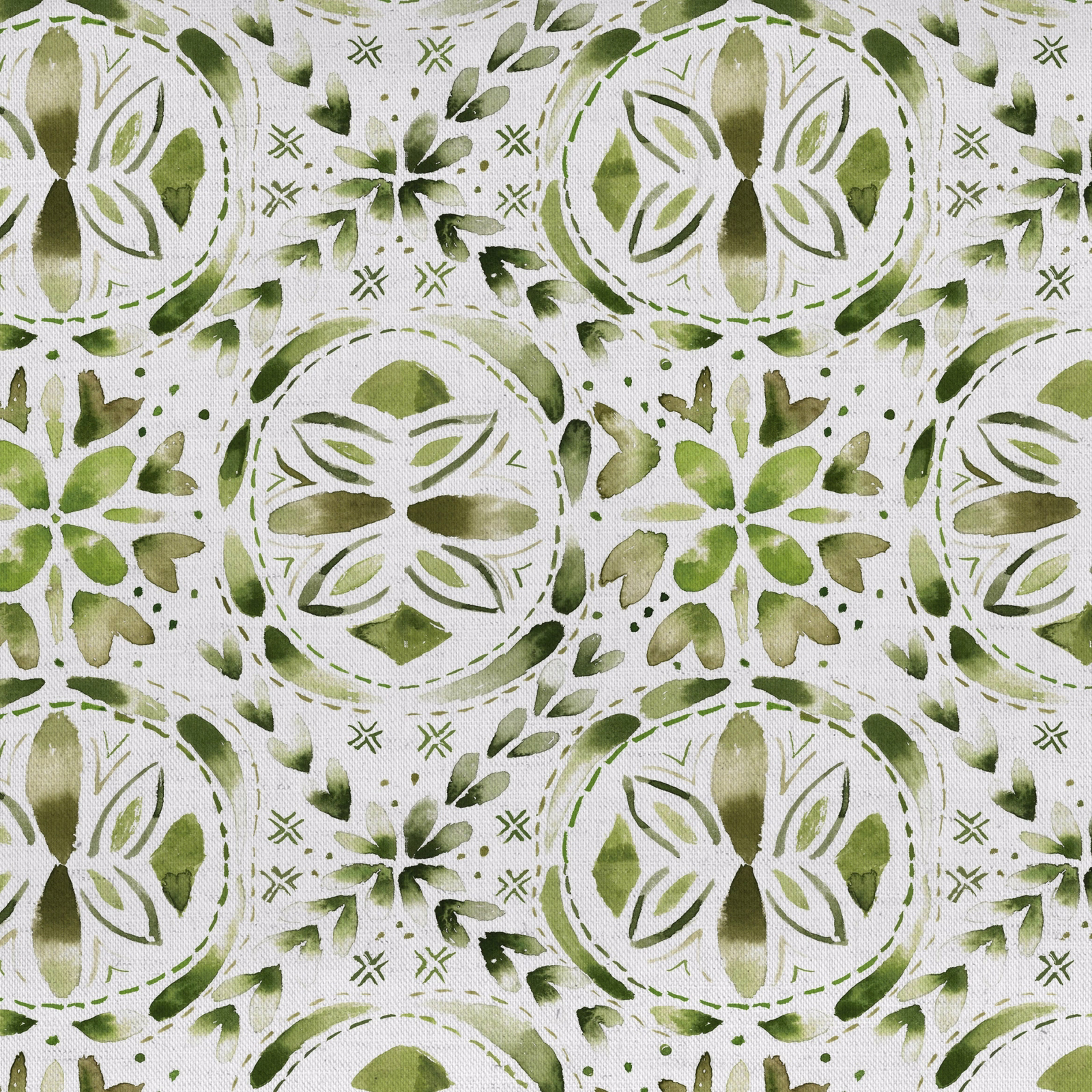 Green circular botanical print on a pale textured fabric ground