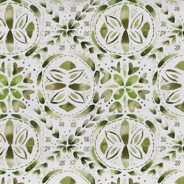 Green circular botanical print on a pale textured fabric ground