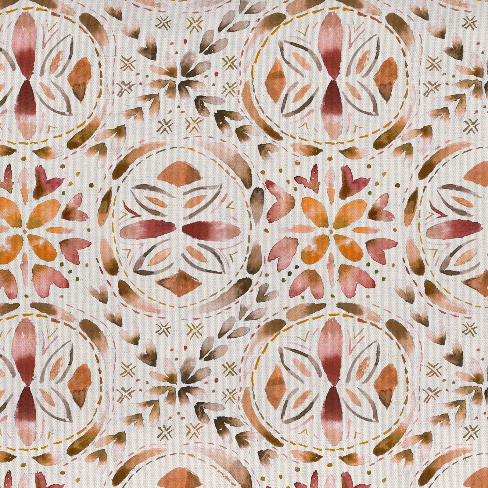 Painterly folk floral medallions in terracotta, blush and brown on cream fabric