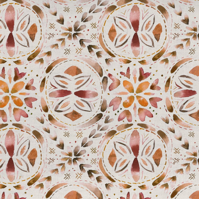 Painterly folk floral medallions in terracotta, blush and brown on cream fabric