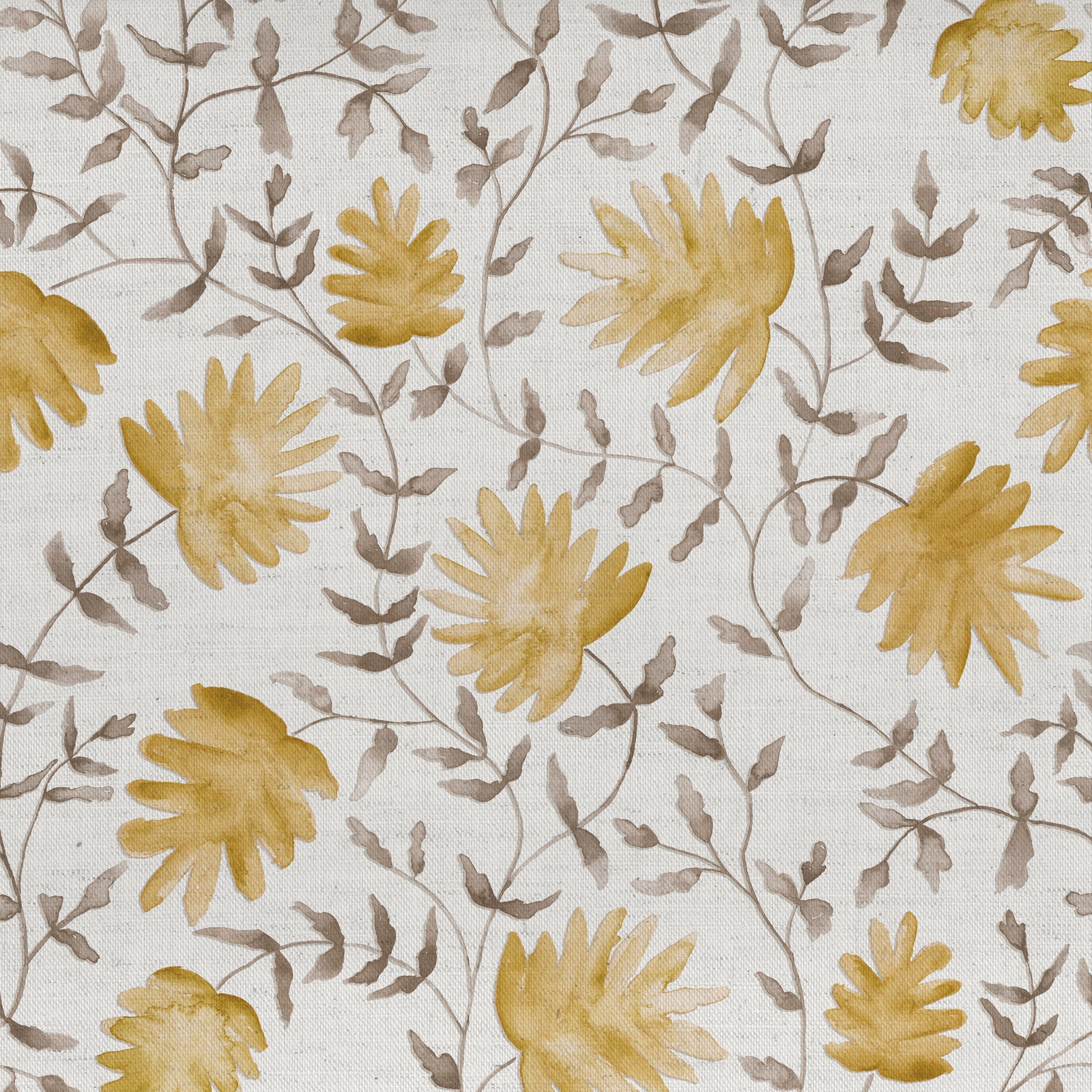 Yellow floral fabric with taupe vine trails on a pale beige ground