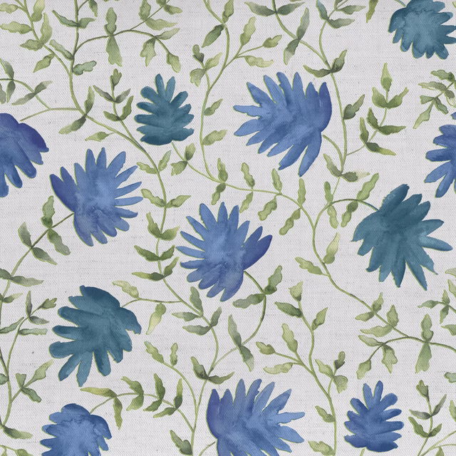 Painterly blue floral fabric with green trailing stems on a pale ground