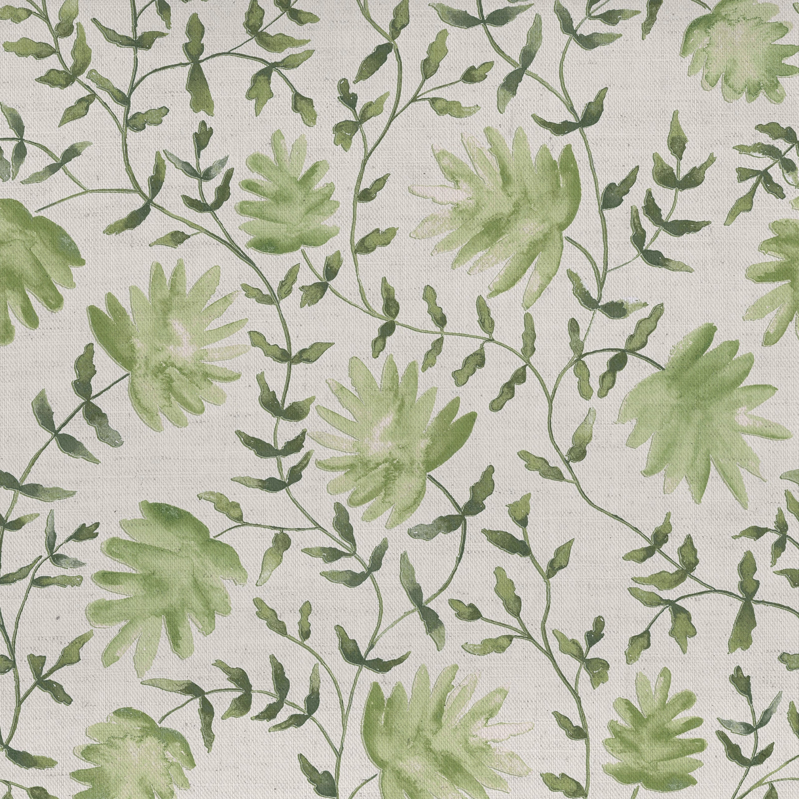 Soft green botanical floral print on a cream woven fabric swatch
