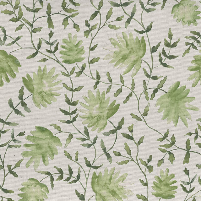 Soft green botanical floral print on a cream woven fabric swatch