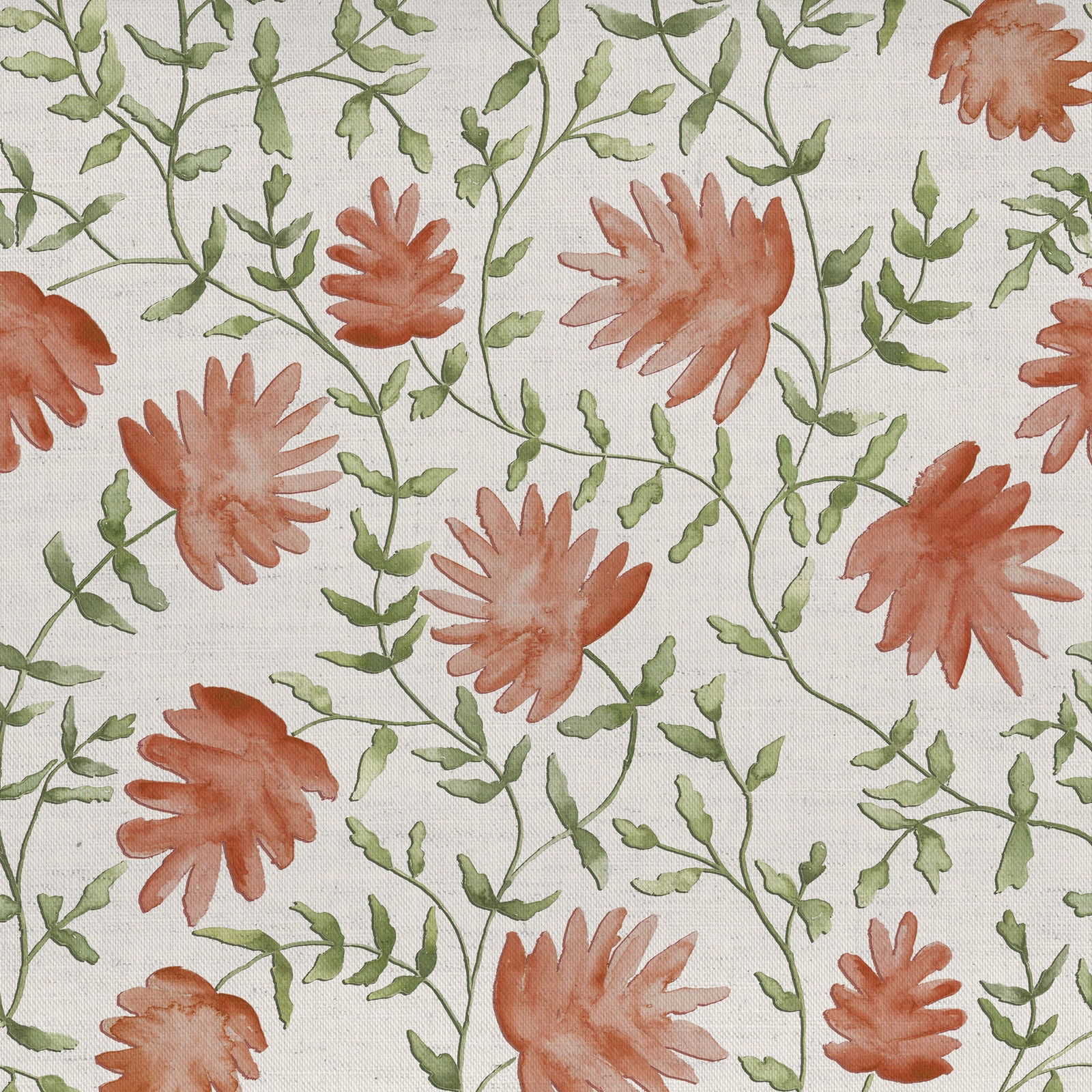 Terracotta orange floral print with green trailing stems on pale linen-look fabric