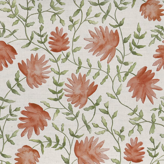 Terracotta orange floral print with green trailing stems on pale linen-look fabric