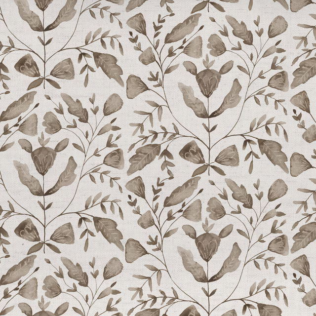 Neutral botanical fabric with leafy beige motif on an ivory ground