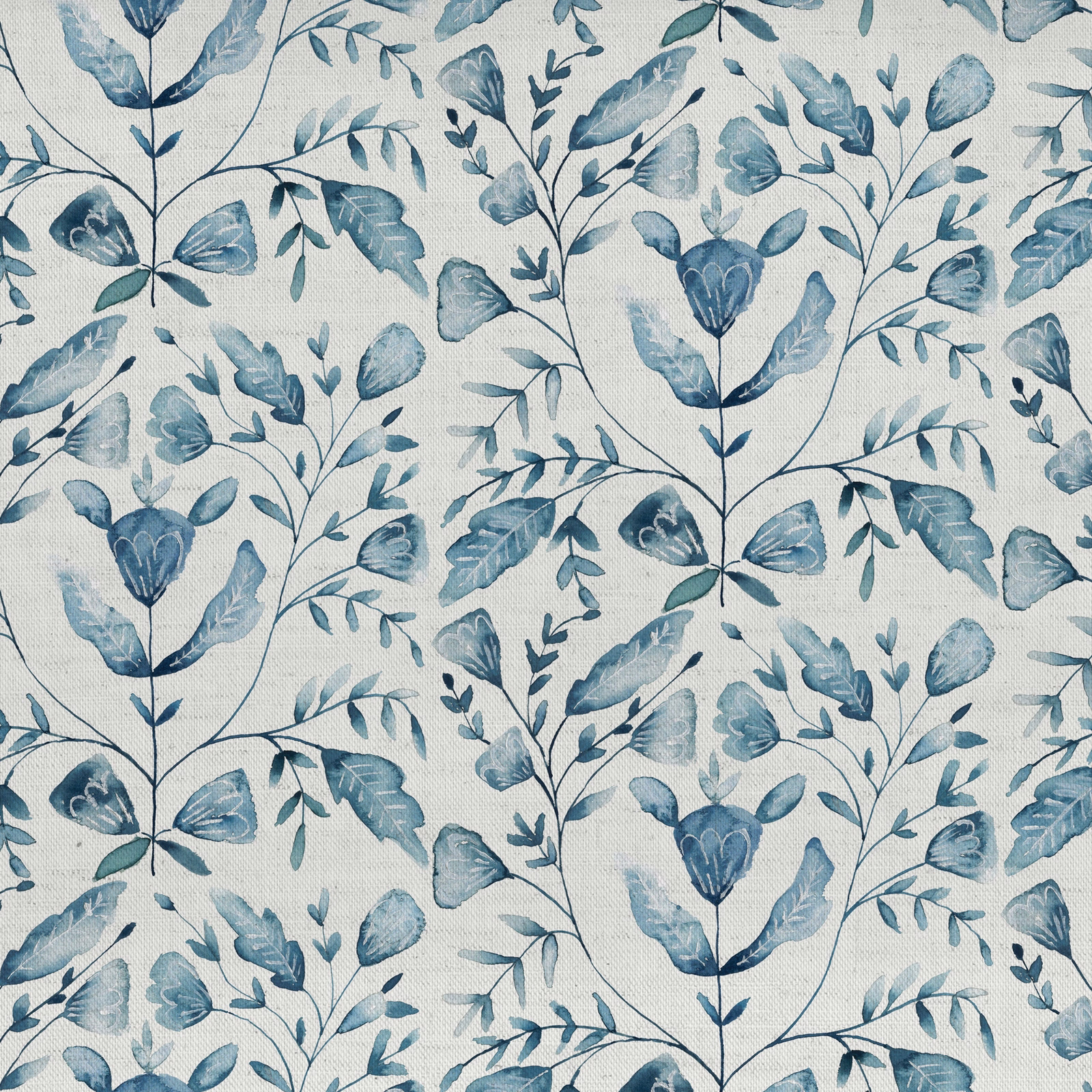 Blue botanical floral fabric on a pale woven ground with leafy trailing stems