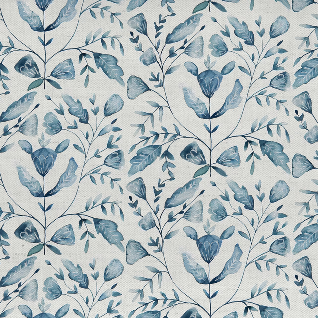 Blue botanical floral fabric on a pale woven ground with leafy trailing stems
