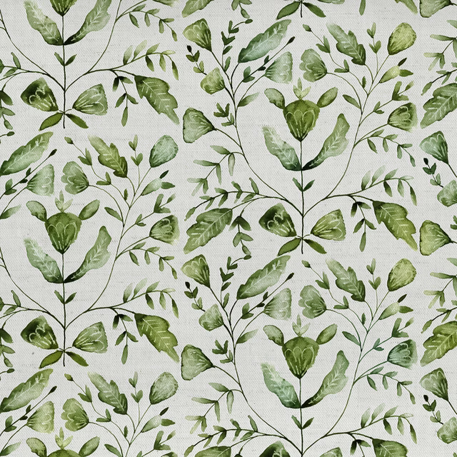 Green botanical leaf print on a pale natural woven fabric ground