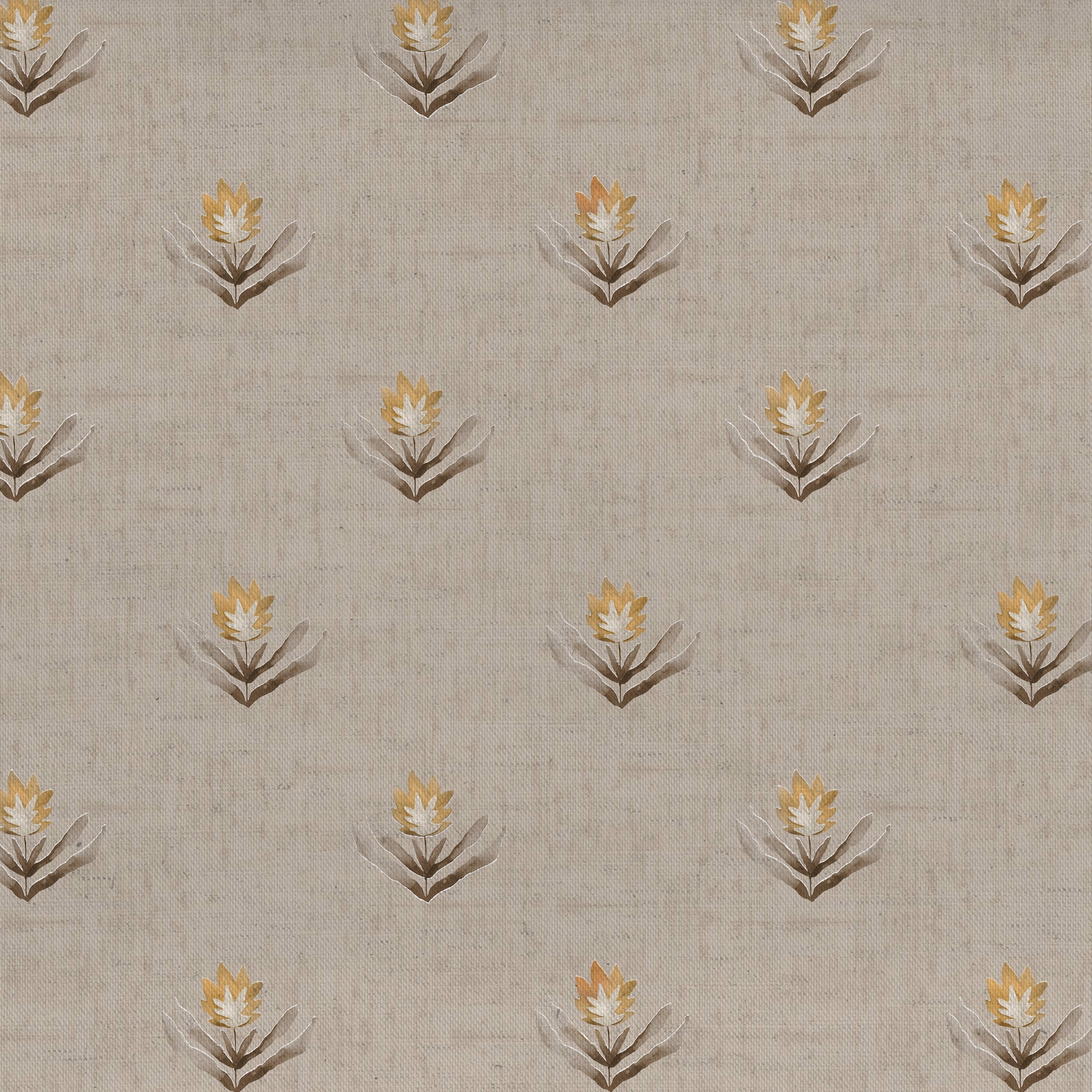 Beige cotton-linen fabric with small folk floral motifs in mustard, cream and brown