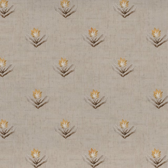Beige cotton-linen fabric with small folk floral motifs in mustard, cream and brown