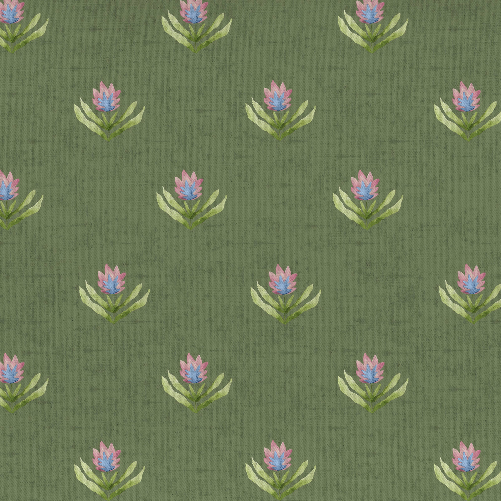 Green floral fabric swatch with small pink and blue motif on a mossy ground