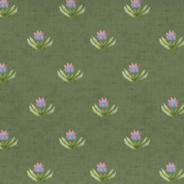 Green floral fabric swatch with small pink and blue motif on a mossy ground