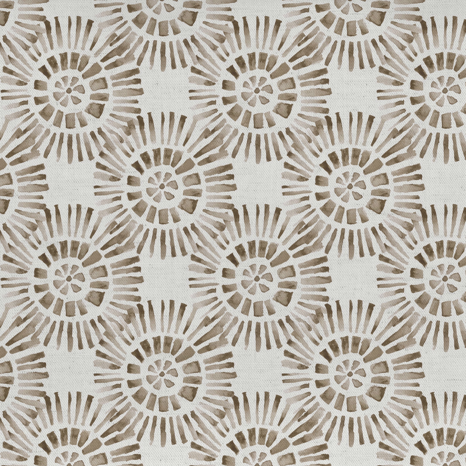 Beige cotton-linen fabric with repeating taupe sunburst medallions