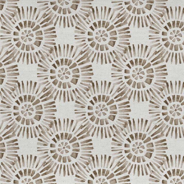 Beige cotton-linen fabric with repeating taupe sunburst medallions