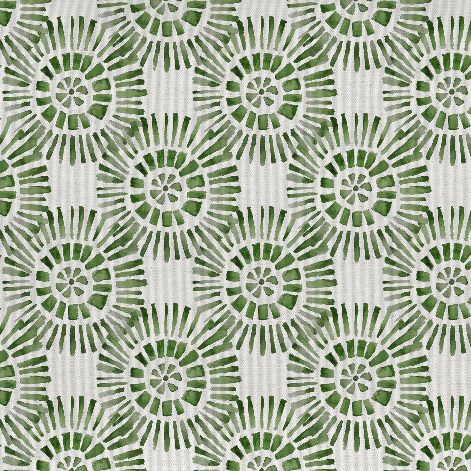 Green circular floral motifs on an off-white textured cotton-linen fabric
