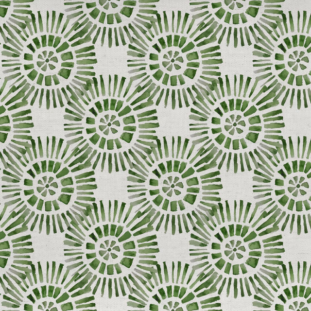 Green circular floral motifs on an off-white textured cotton-linen fabric
