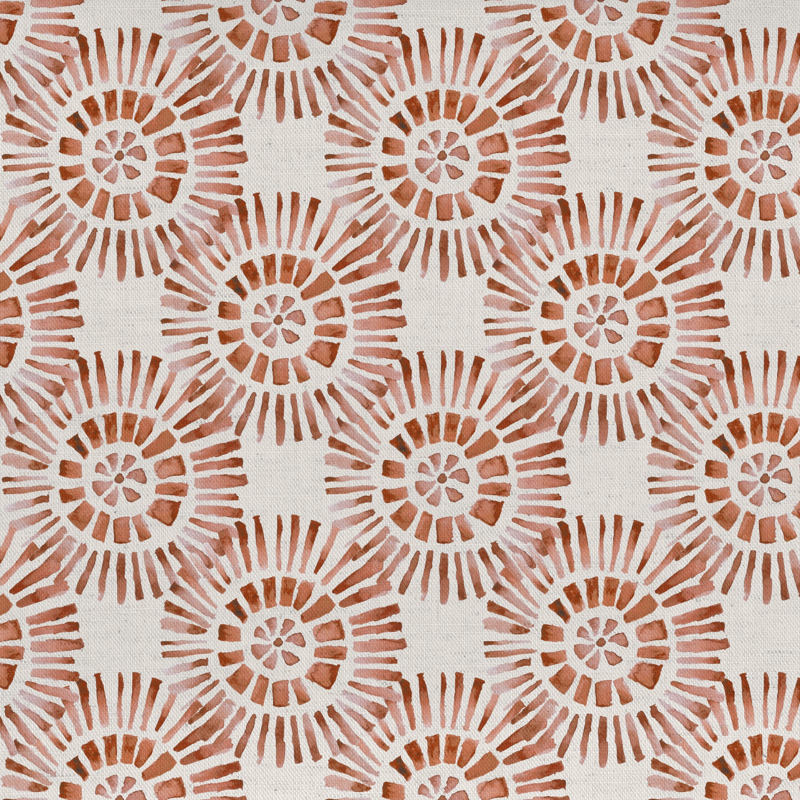 Terracotta orange sunburst floral print on natural cotton-linen fabric