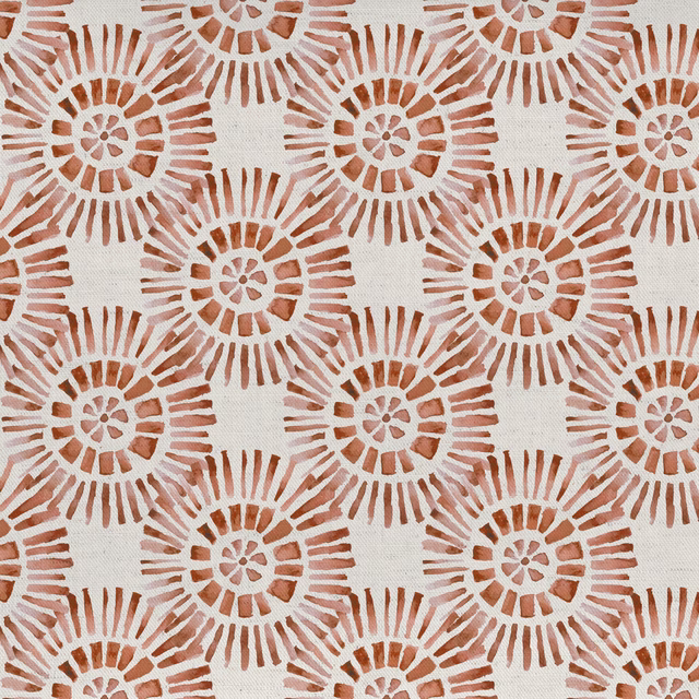 Terracotta orange sunburst floral print on natural cotton-linen fabric