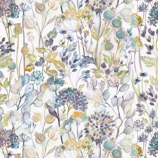 Watercolour botanical fabric with soft blue, sage and lilac flowers on a pale ground