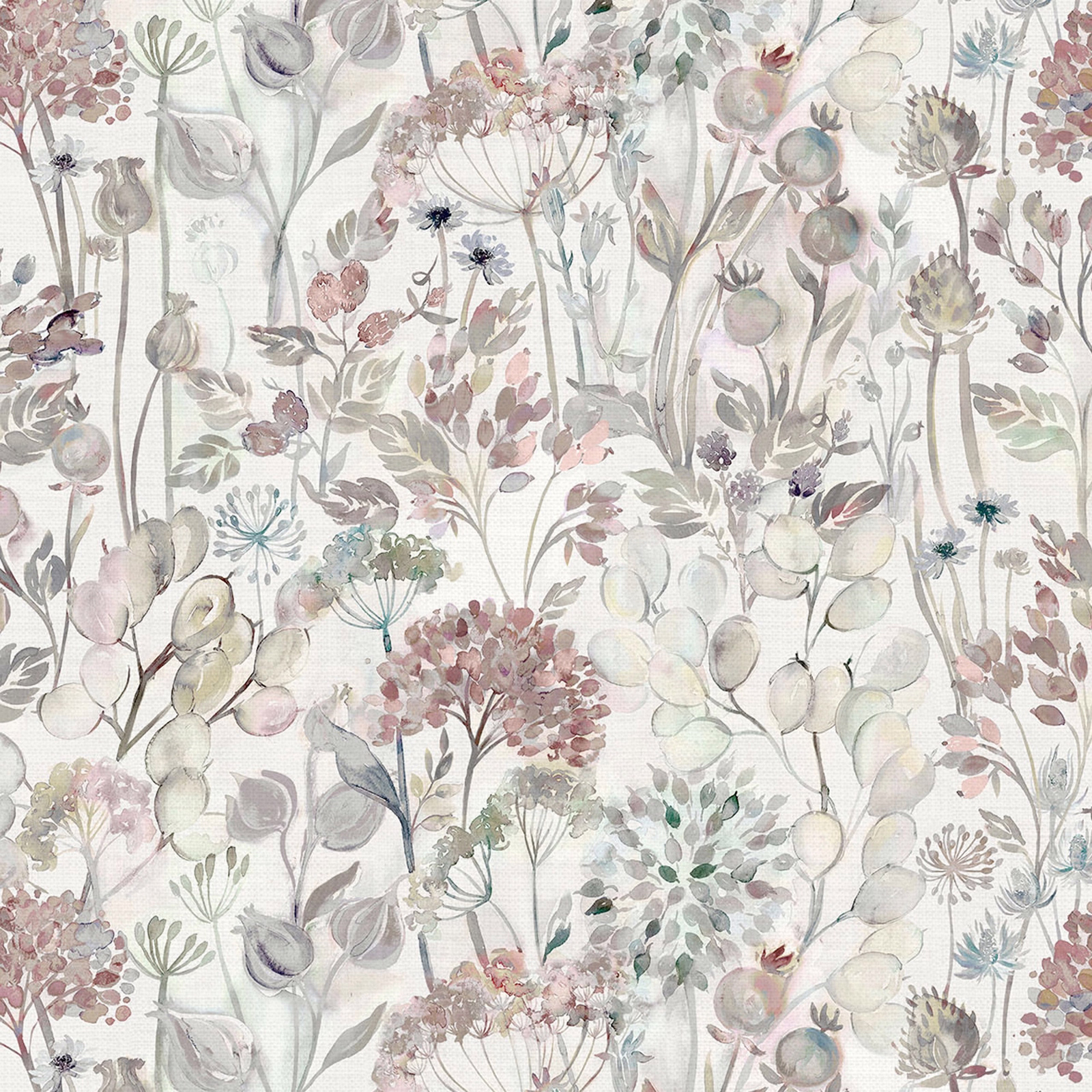 Cream botanical fabric with pastel meadow flowers and seed heads