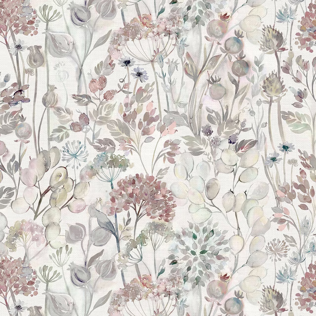 Cream botanical fabric with pastel meadow flowers and seed heads