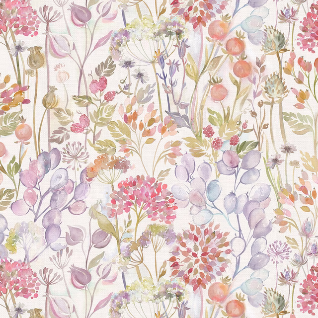 Painterly floral fabric with peach-orange berries, lilac leaves and a pale ground