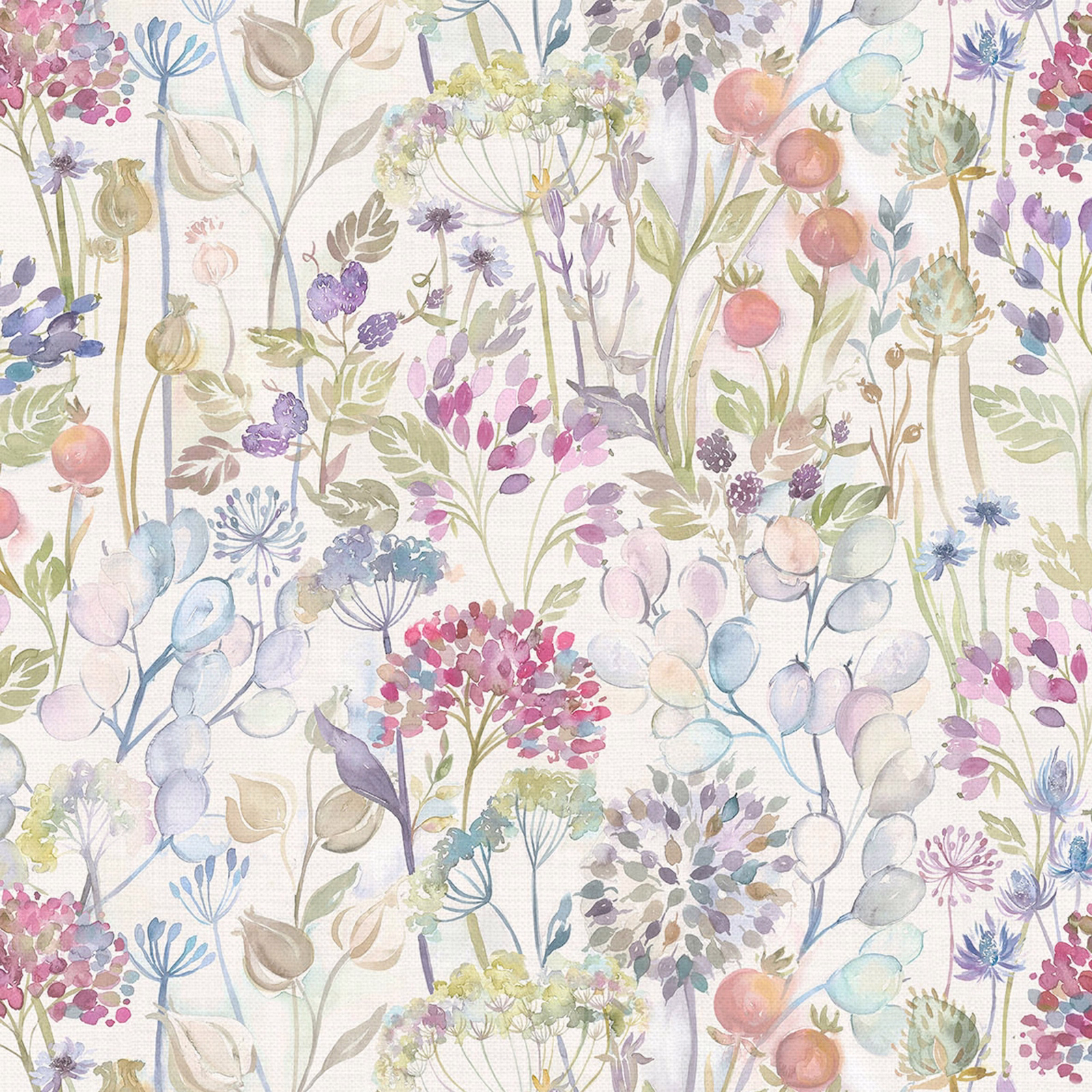 Watercolour meadow floral fabric with blush pink berries, lilac stems and soft pastel leaves