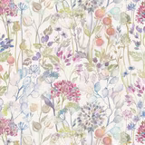 Watercolour meadow floral fabric with blush pink berries, lilac stems and soft pastel leaves